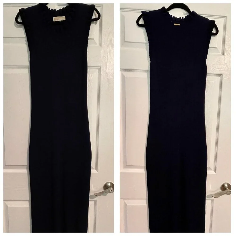 MICHAEL MICHAEL KORS Stretch Viscose Ribbed Dress with Ruffles Dark Blue S-M